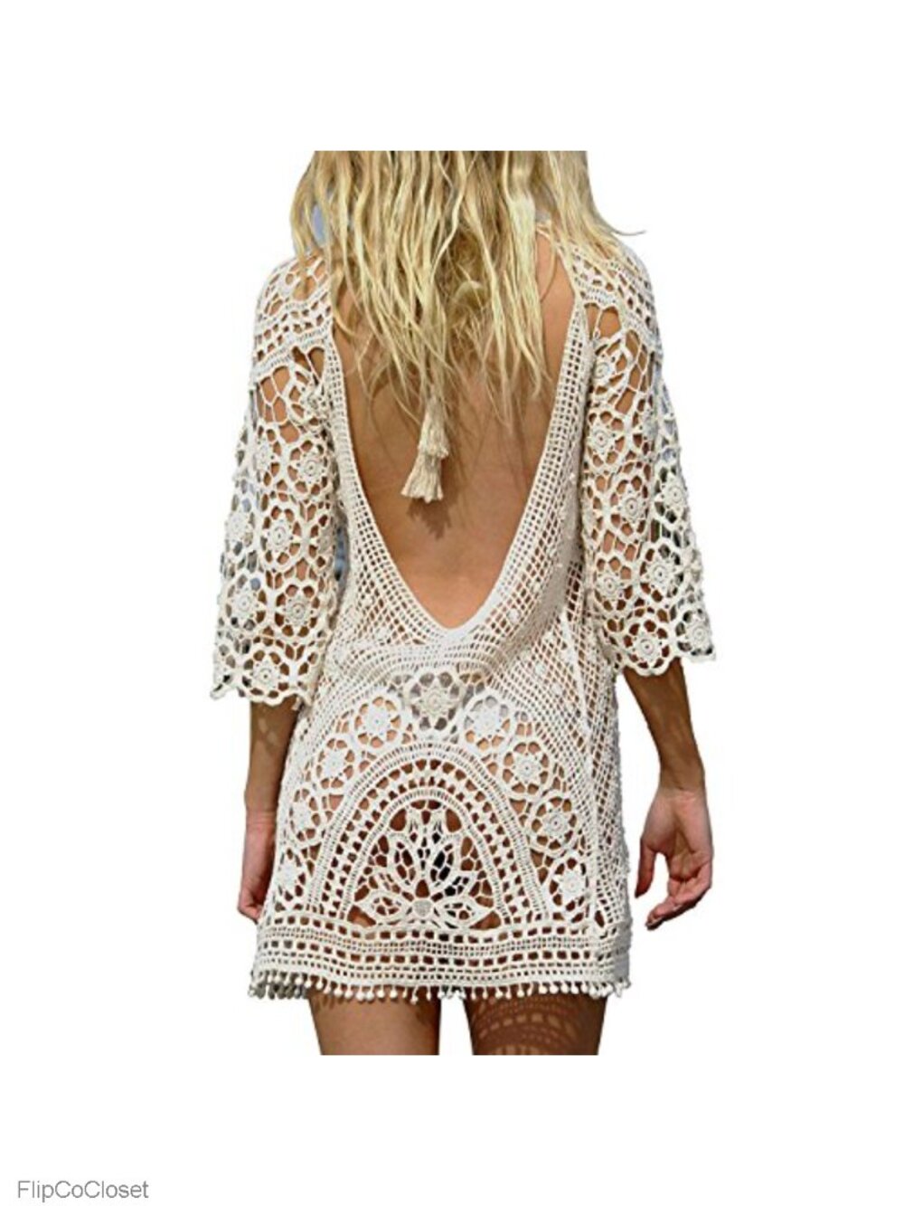 Crochet Lace Backless Long Sleeve Swimsuit Cover Up Beach Dress